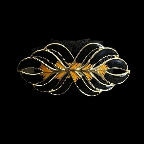 Vintage 80’s Black Adjustable Stretch Enamel Cloisonné Statement Buckle Belt - Picture 14 of 16